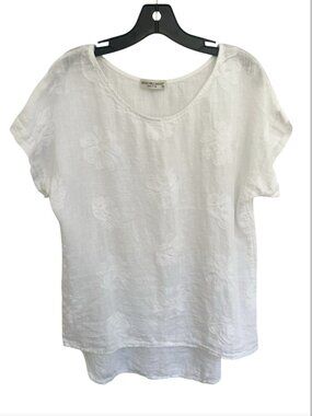 Terzo Millennio Linen Top Shirt Womens Size Small White Floral Pattern Long Back